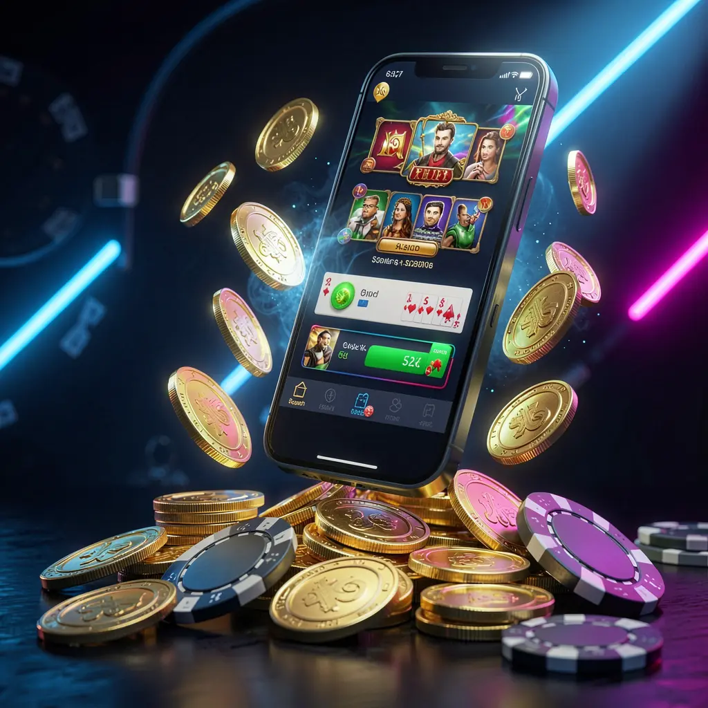 Banner promosi aplikasi kasino online Rkkkk yang menampilkan ponsel melayang di atas koin emas dan chip poker dengan latar belakang biru tua dan hitam yang diterangi cahaya neon sinematik dalam render 3D realistis