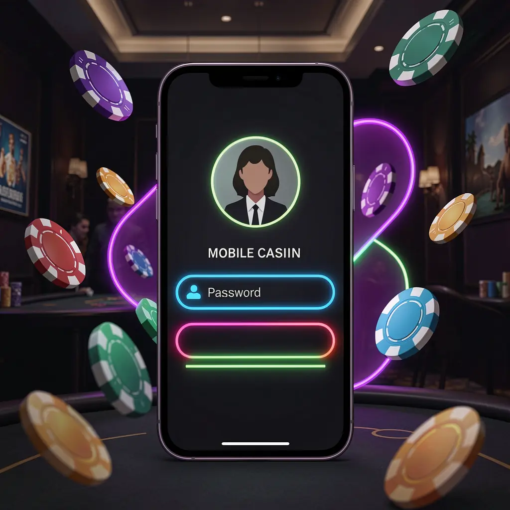 Layar masuk kasino seluler Rkkkk dengan ponsel yang menampilkan profil pengguna abstrak dan kolom kata sandi, cahaya neon, chip dan koin beterbangan dalam suasana kasino premium yang gelap