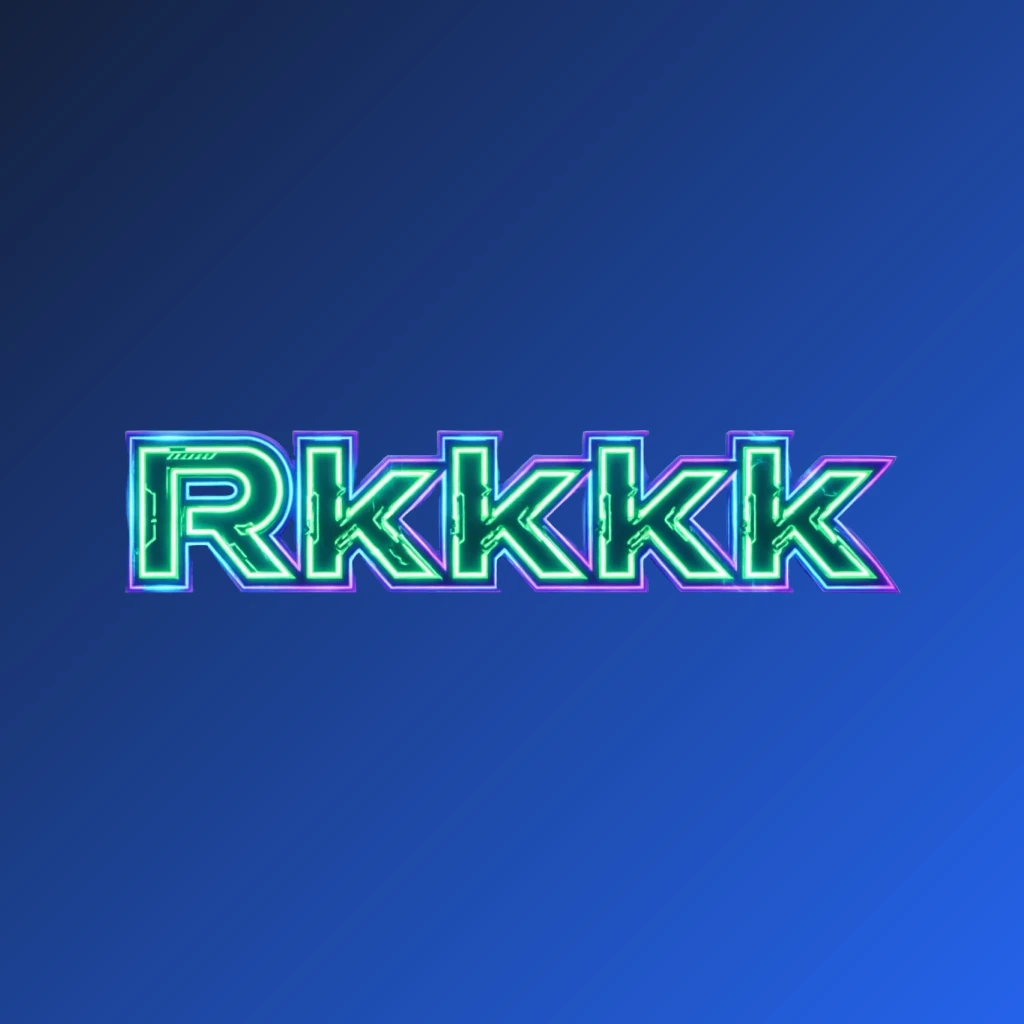 Logo neon futuristik untuk Rkkkk dengan tipografi tebal bersudut dalam cahaya hijau, biru, dan ungu yang cerah, menampilkan detail tajam terinspirasi teknologi pada latar belakang transparan, dirancang sebagai tanda kata persegi panjang horizontal lebar untuk header situs web