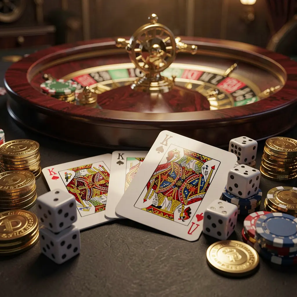 Beranda kasino online elegan yang menampilkan merek Rkkkk dengan kartu royal flush, dadu, koin emas, dan chip poker di atas meja gelap, roulette bercahaya di latar belakang dalam render 3D sinematik